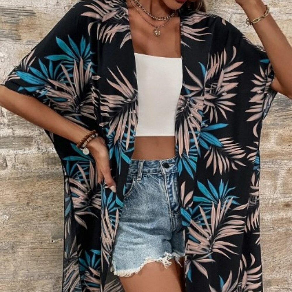 Tropical Print Open Front Kimono Small